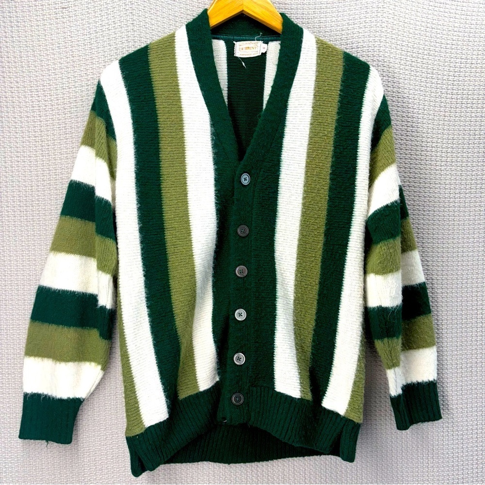 Vtg 60s Brent Montgomery Ward Cardigan Sweater Men S Green Striped Mohair Wool